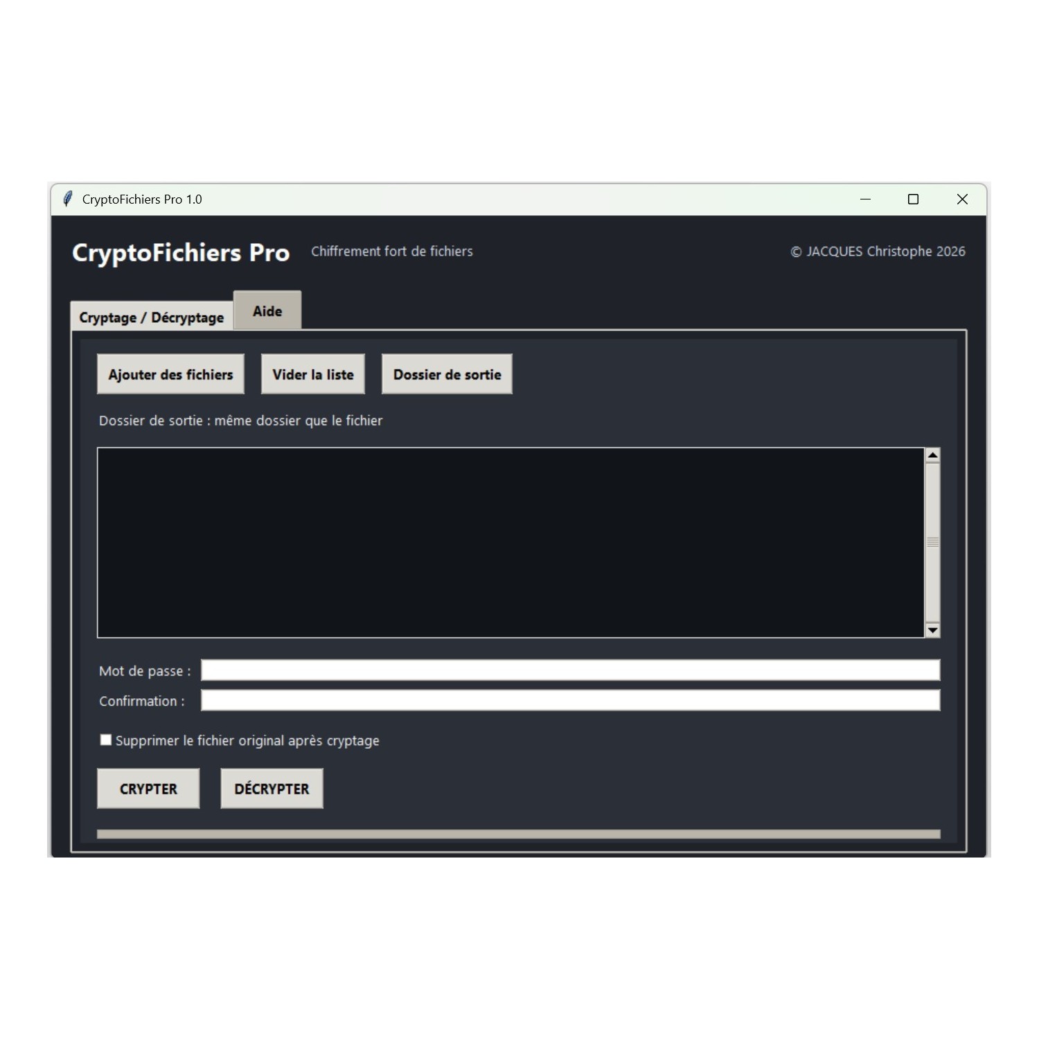 CryptoFichiers Pro est une application de protection de fichiers par cryptage et décryptage.